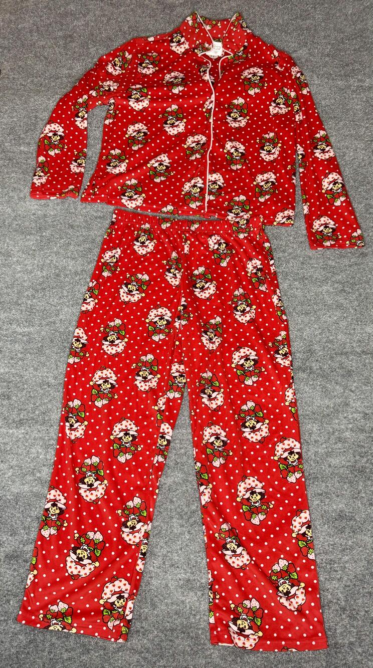 Strawberry Shortcake Pajama Set Womens Large Red Fleece Button Front Cartoon